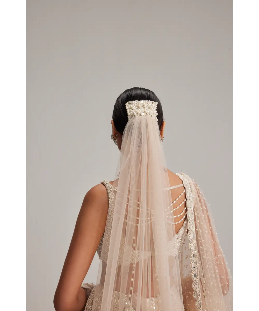 VVANI VATS- Light Beige Dense mirror and pearl lehenga set with Double Dupatta and Veil